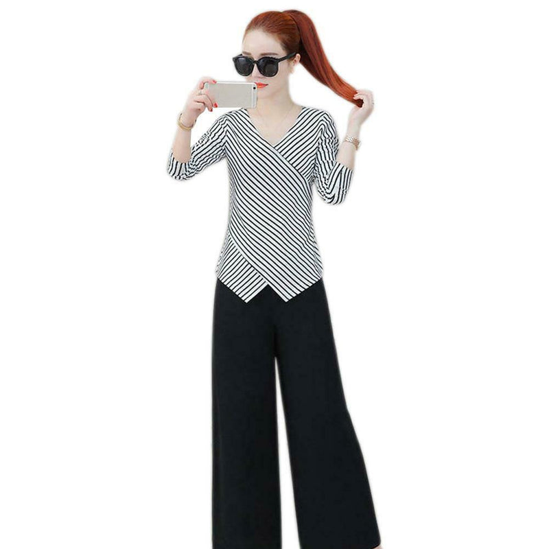 Fashion V-neck Striped Women Long Sleeves Blouse Cross Irregular Tops (XL)