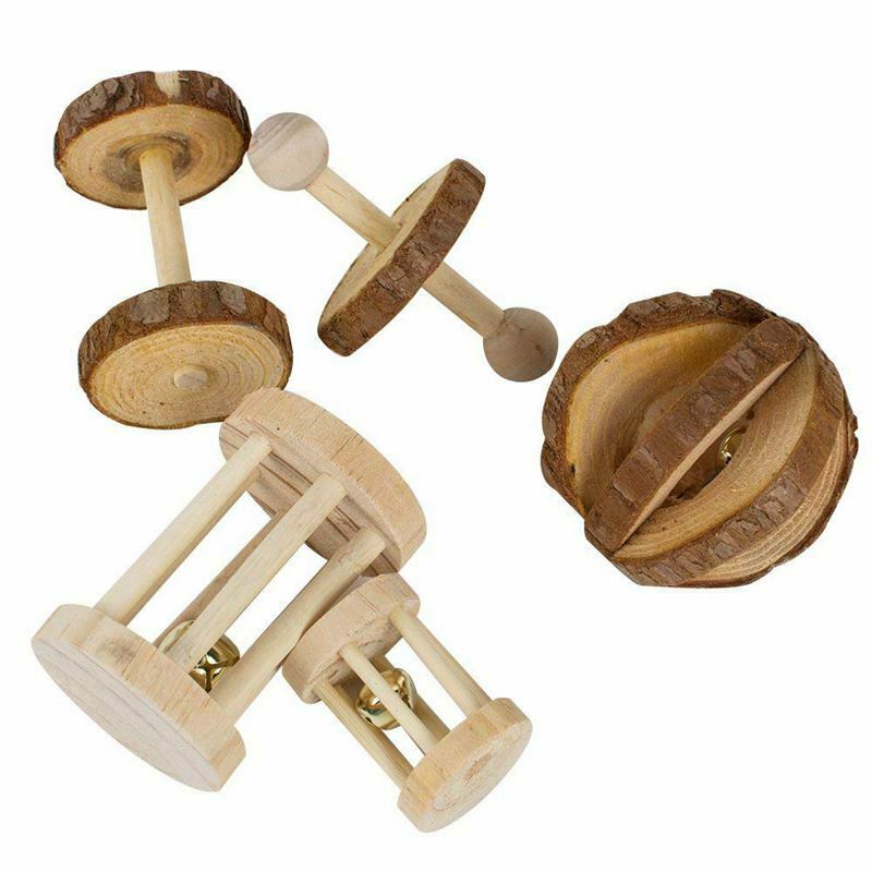Pack of 5 Hamster Chew Toys - Natural Wooden Pine Dumbells Exercise Bell Ro