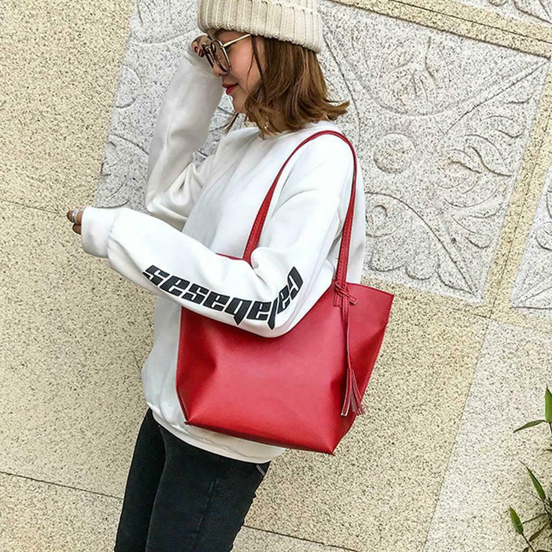 Women Shoulder Bag PU Leather Handle Bags Girls Tassel Tote Handbags(Red)