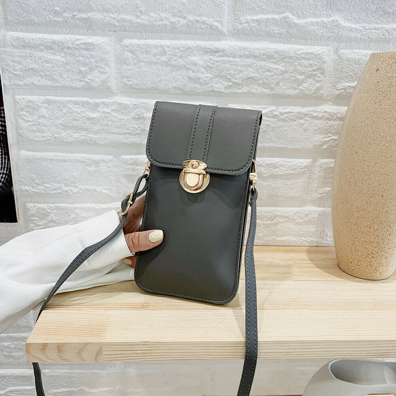 Women Touch Screen Phone Pouch PU Splicing PVC Crossbody Bag (Dark Grey)