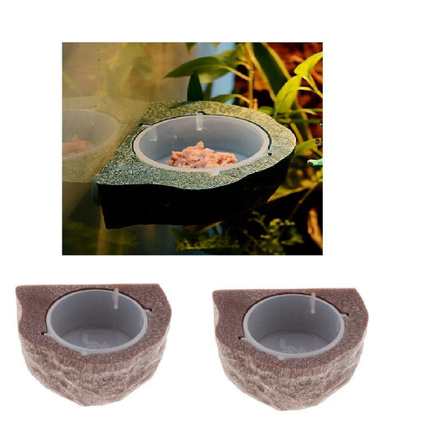 2pcs Reptile Feeder Food Holder Cup Gecko Natural Rock Look Ledge -Magnet Decor