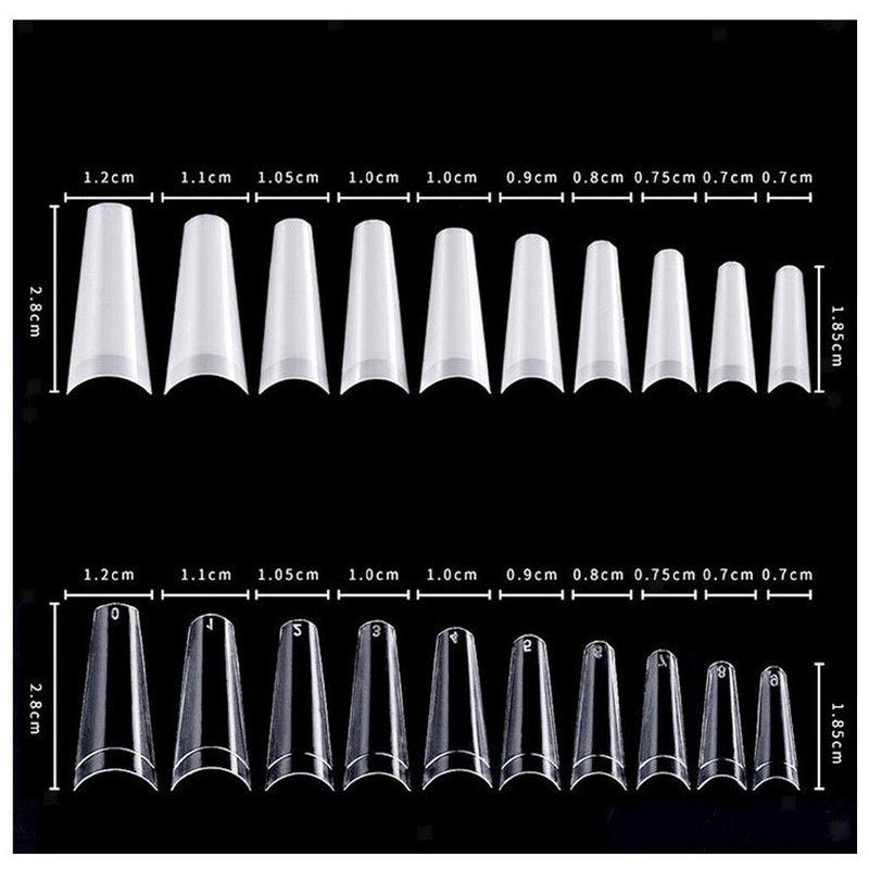 500 C Curve Shape False Nails Nail Tips forManicure Decor - 10 Sizes Clear