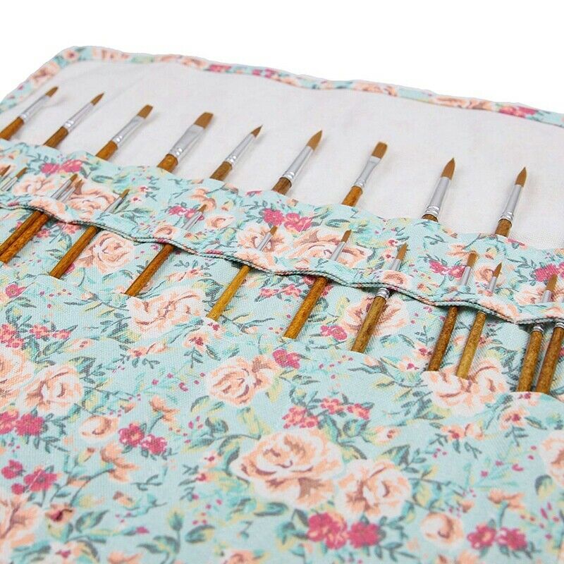 20 Pockets Art Paint Brushes Case Roll Up Pen Holder Canvas Pouch Bag O9R4