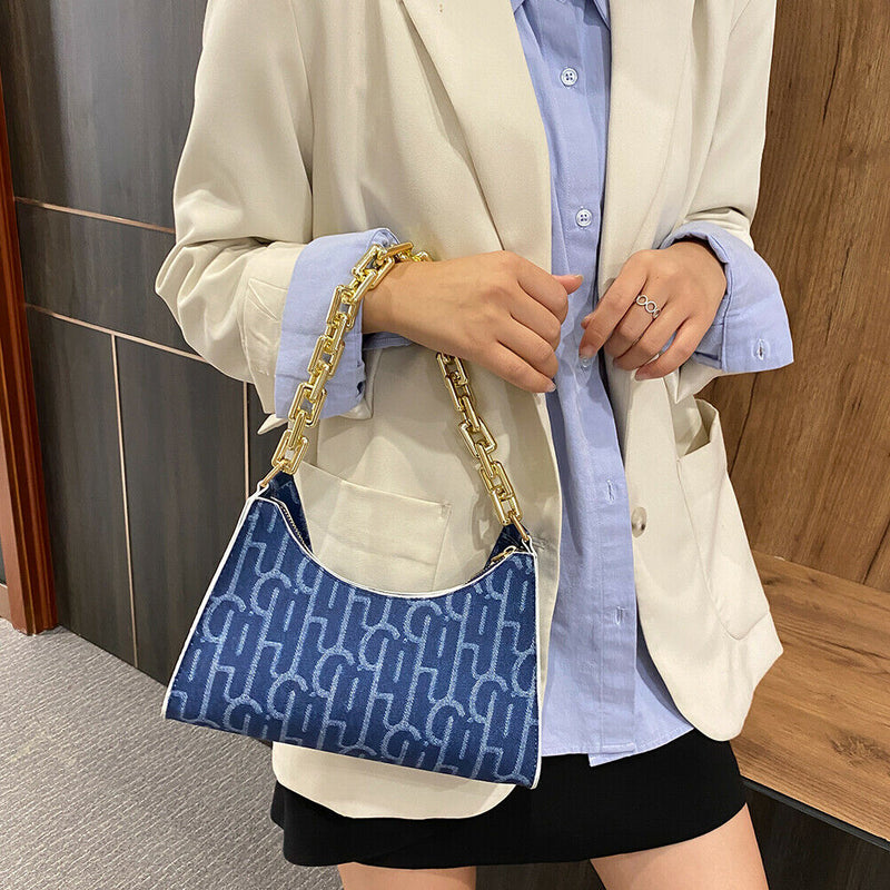 Casual Printed Women Handbag Totes PU Chain Underarm Shoulder Bags (Blue) A