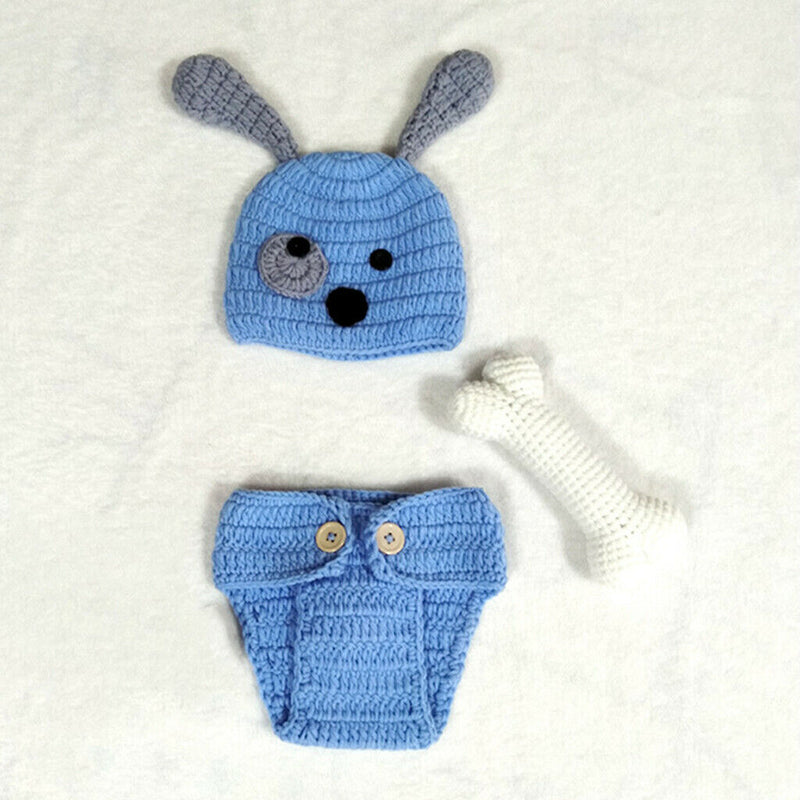Cute Baby Hat Pants & Bone Set Crochet Knit Dog Costume Photo Photography Prop
