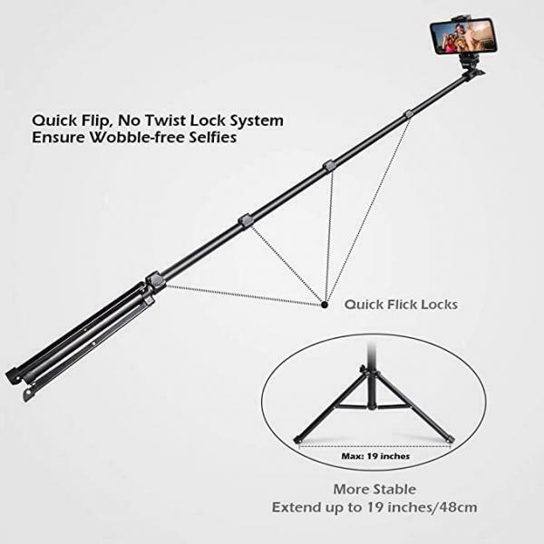 17.5" - 51" Selfie Stick Tripod Extendable w/ Bluetooth Remote Lightweight
