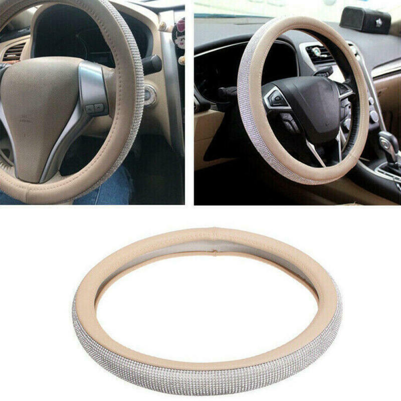 1 White 38CM Car Crystal Steering Wheel Cover PU Leather Rhinestones Beige Bling