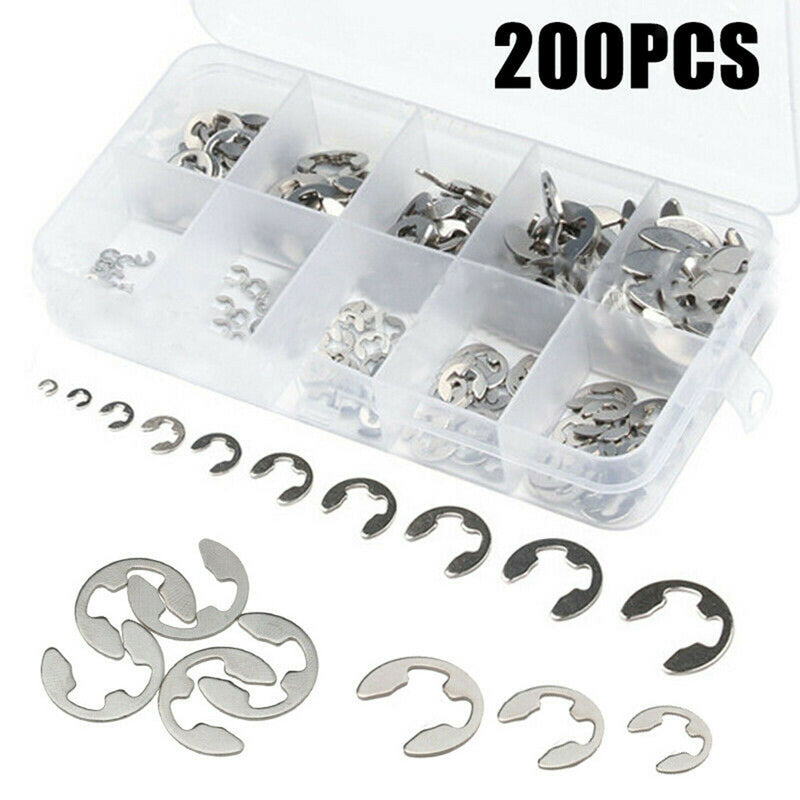 200Pcs Stainless Steel E-Clip Retaining Circlip Assortment Kit 1.5mm ~ 10mm