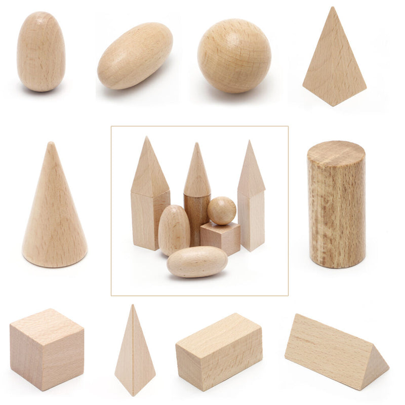 10Pcs Wooden Geometric Solids Shape Learning Resources Cognitive Toys With Bag