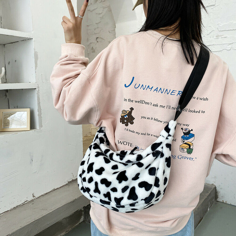 Women Plush Cow Printed Chest Bag Casual Street Crossbody Shoulder Pack (1)