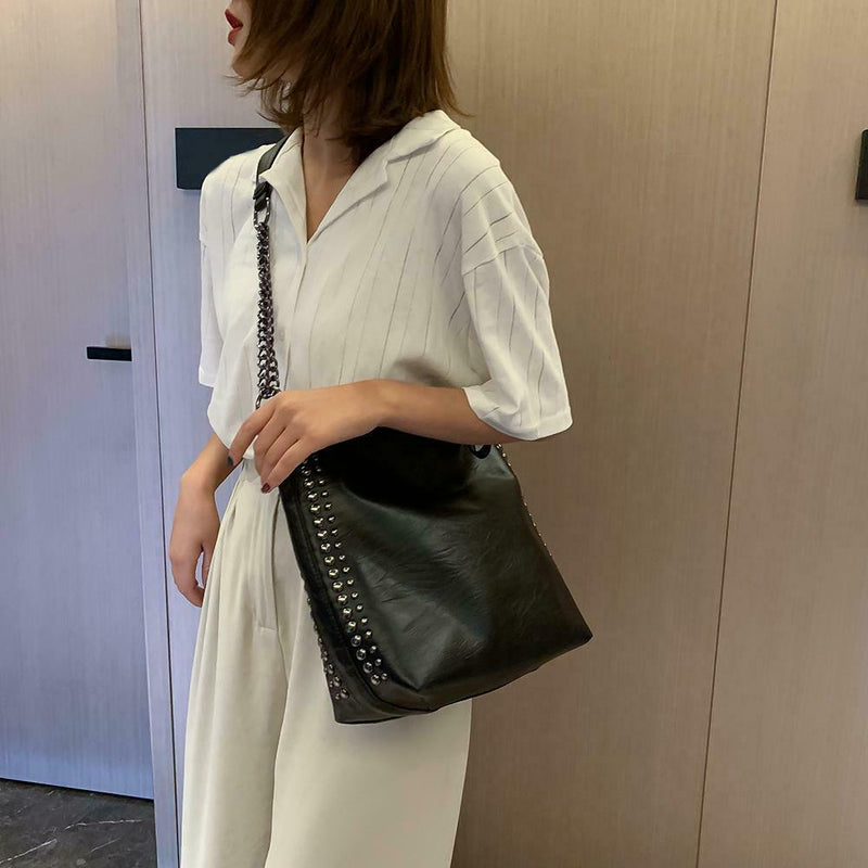 Large Rivet Totes Solid Color Shoulder Handbags Women Leather Crossbody Bag