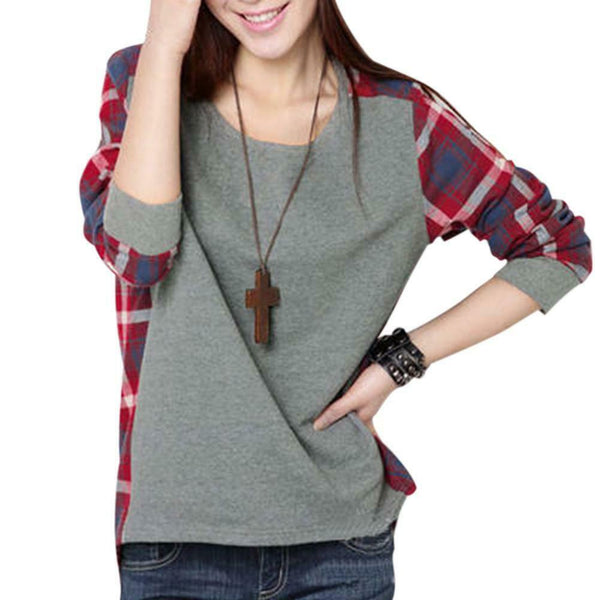 Autumn Casual Women Blouses O-neck Plaid Splicing Loose Tops (Grey)(S)