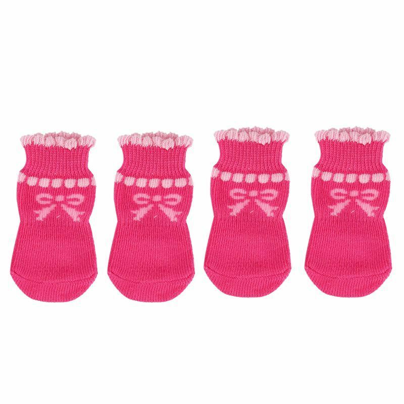 Pet Puppy Dog Bowknot Cotton Socks Anti-Slip Paw Protectors 4pcs/set M Pink Q3Q2