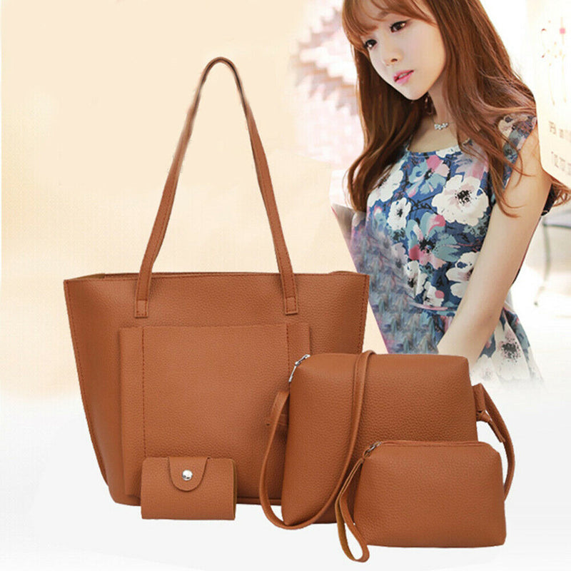 4pcs Women PU Leather Handbag Shoulder Bag Clutch Bag Card Holder(Brown)