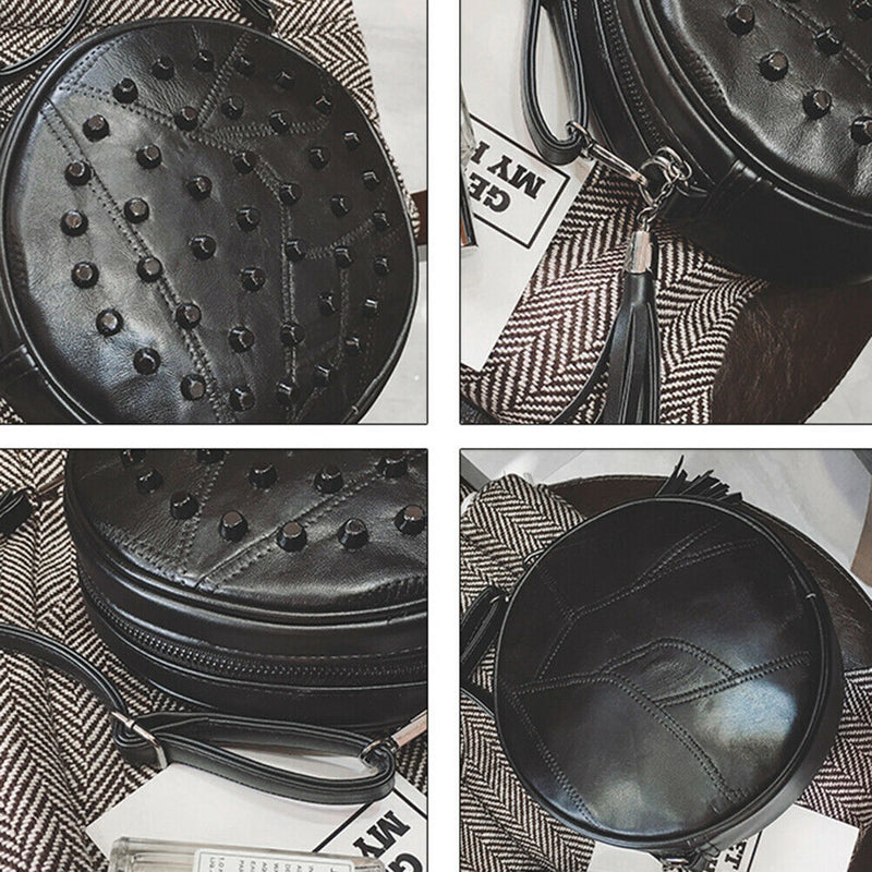 Women Sheepskin Rivet Cute Round Mini Shoulder Bag Crossbody Bag Black A