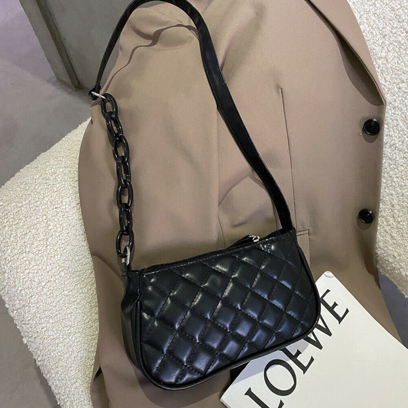 Fashion Lattice Pattern Women Handbag Chain Shoulder Underarm Bag (Black)