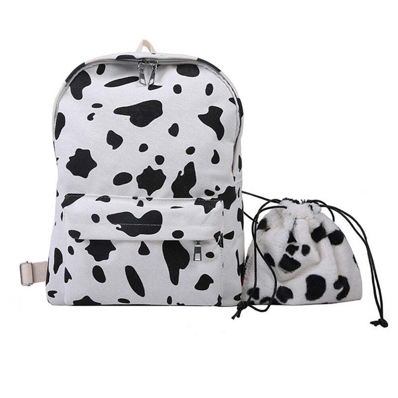 Cow Print Plush Drawstring Pouch Nylon Women Shoulder Pack Composite Set