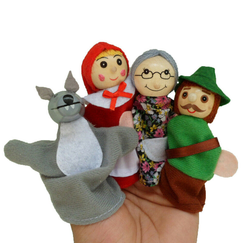 4pcs Little Red Riding Hood Wooden Headed Finger Puppets Fairy Tale Story