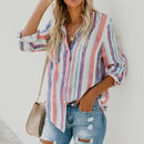 Women Fashion Lapel Long Sleeve Color Striped Print Button Down Shirt Ladie