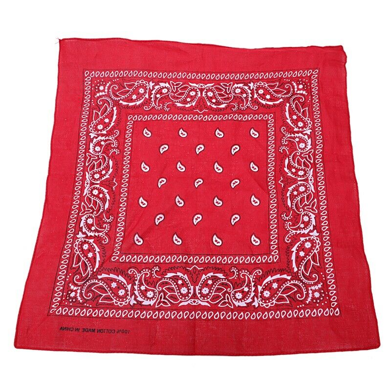 Red bandana scarf with square black white paisley pattern on both sides (Re E1M8