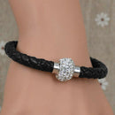 Trendy Black Woven Leather Wristband Magnetic Rhinestone Buckle Bracelet Bangle