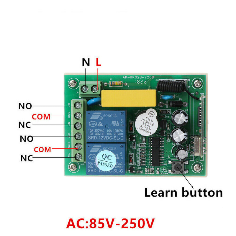 2Pcs AC 220V RF 433Mhz Wireless Remote Controls Switch 2CH Relay Receiver Module