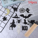 14pcs Halloween Cake Toppers Ghost Cat Bats Spider Witch Cupcake Flags Toppe Hn