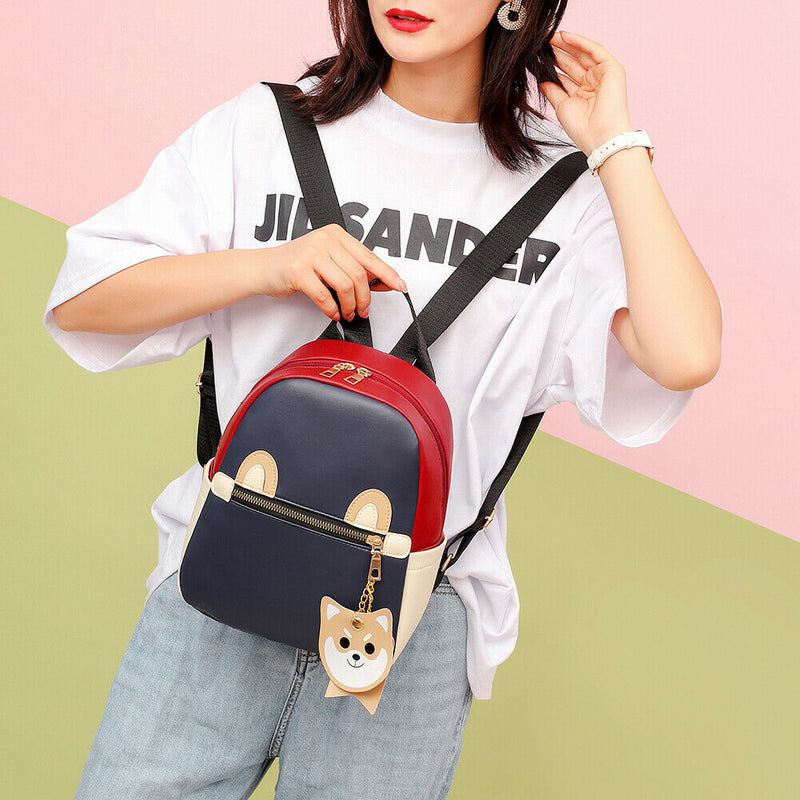 Girl Hit Color Small School Shoulder Bag Leather Women Dog Pendant Backpack