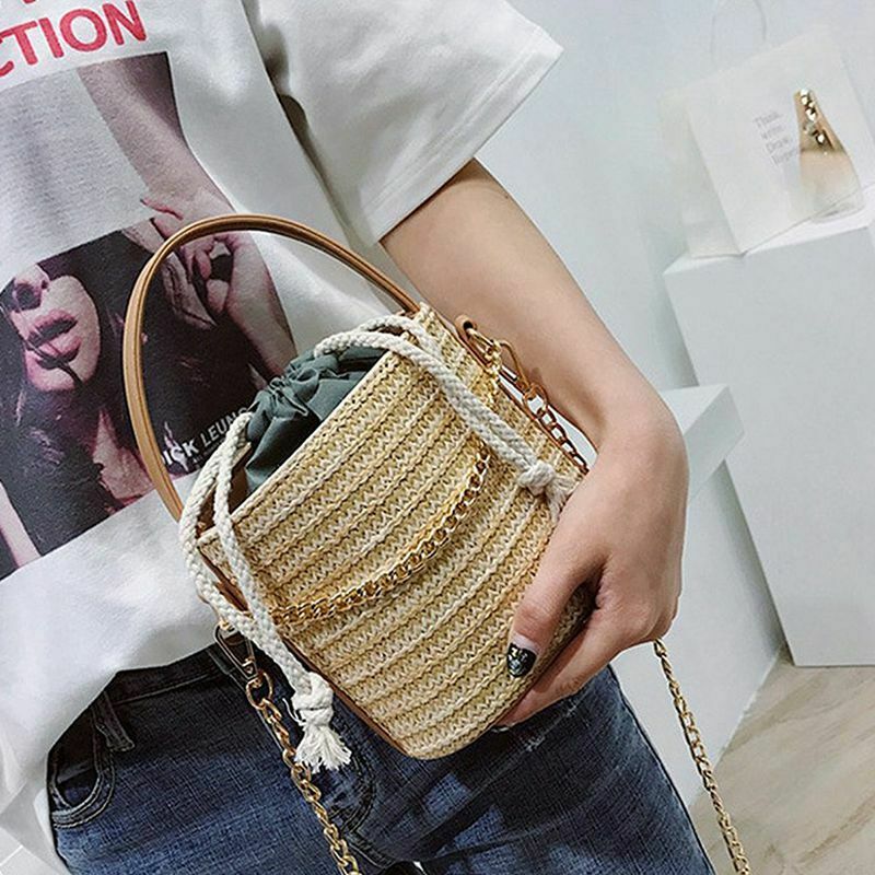 Women Straw Handbag Tote Summer Holiday Woven Bucket Bag Leisure Chain Shou H9W7