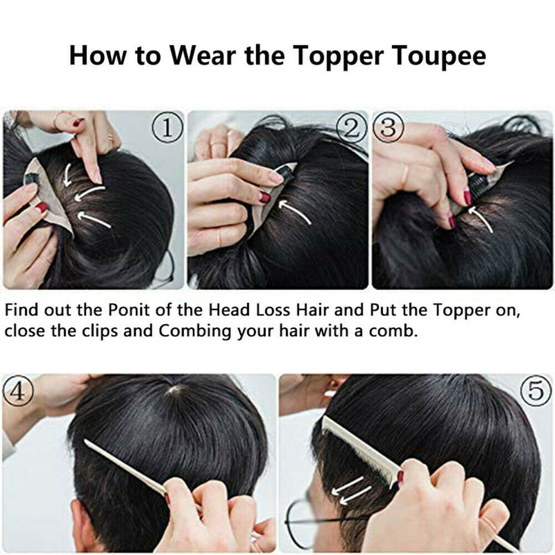 Nature Human Hair Straight Topper Toupee Clip Hairpiece Top Wigs for Men male