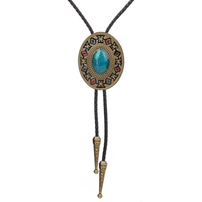 Men Bolo Tie Necklace Turquoise Stone Western Cowboy PU Leather Rope Necktie