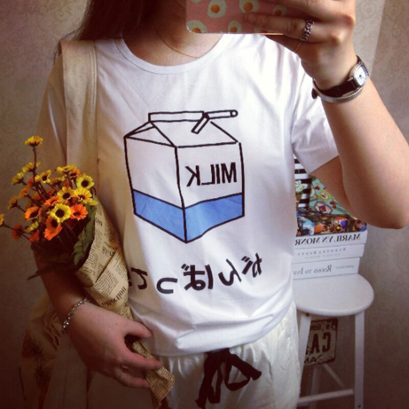 Women Summer Harajuku Cute Milk Print Loose T-Shirts Basic Tee Tops Shirt A Bj