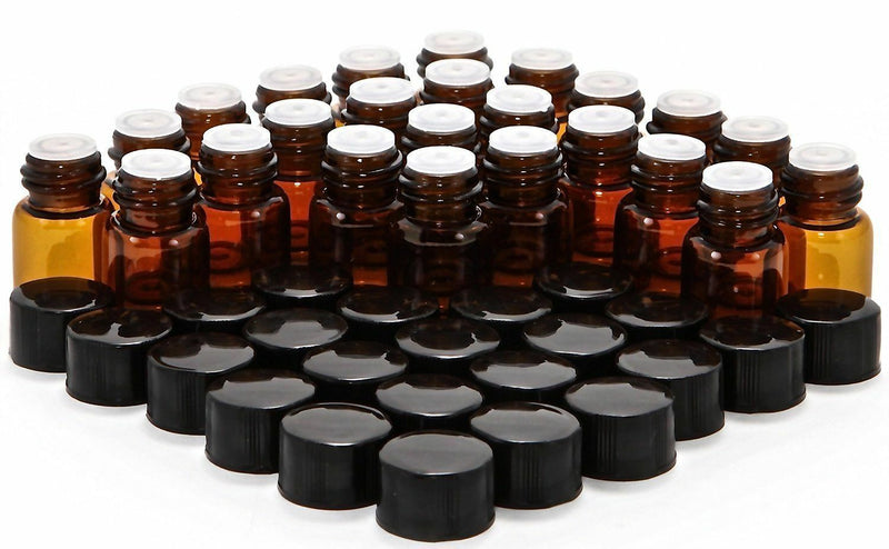 20 pack 1 ml (1/4 dram) Amber Glass Essential Oil Bottle, Orifice Reducer & cap