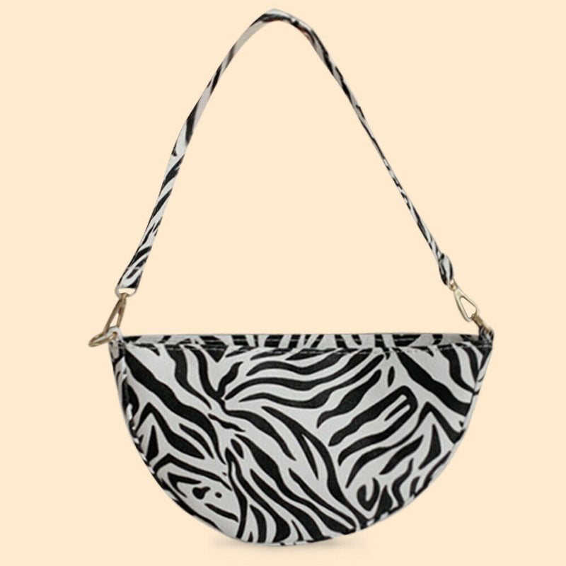 Women Leopard Pattern Shoulder Handbag Purse Portable Zipper Curved Underarm Bag