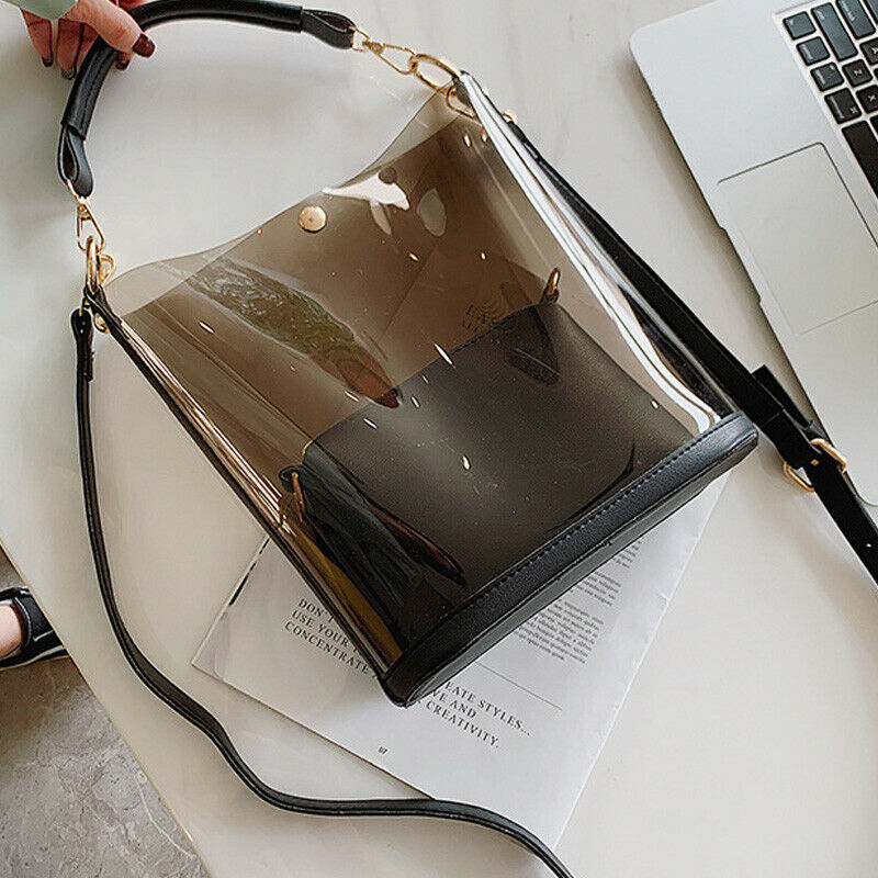 Fashion 2Pcs Transparent Pvc Ladies Shoulder Bag Summer Beach Large Handbag A9E9