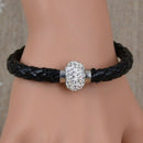 Trendy Black Woven Leather Wristband Magnetic Rhinestone Buckle Bracelet Bangle