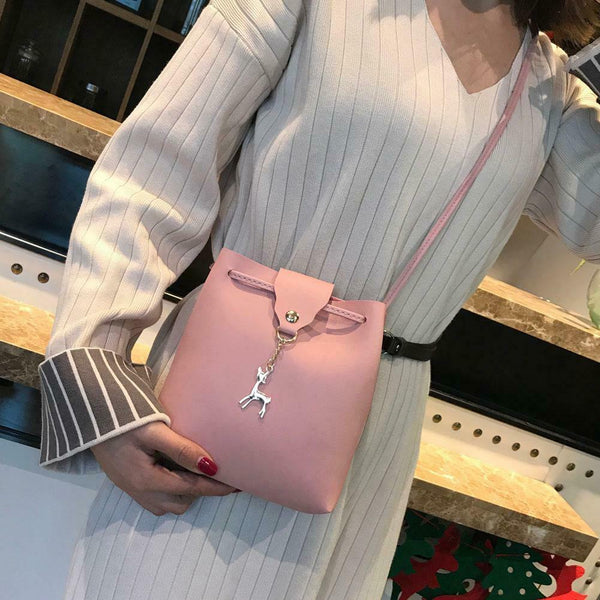 Women Leather Shoulder Bucket Bag Deer Pendant Handbag Messenger Bag(Pink)
