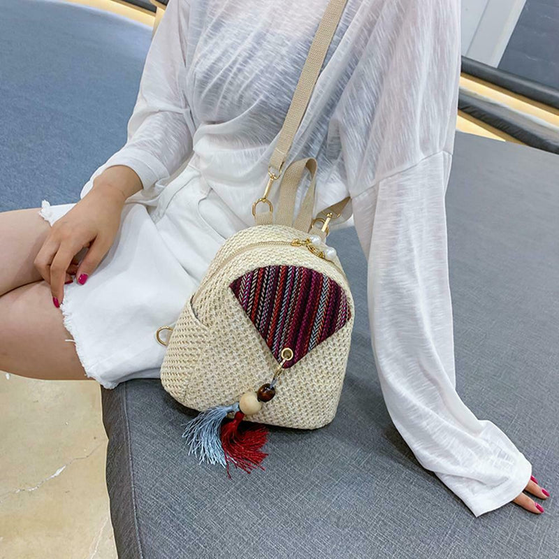 Ethnic Tassel Decor Travel Backpacks Women Straw Shoulder Knapsack (White)