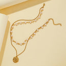 Women Coin Pendant Necklack Titanium Steel 2 Layers Clavicle Chain Jewelry