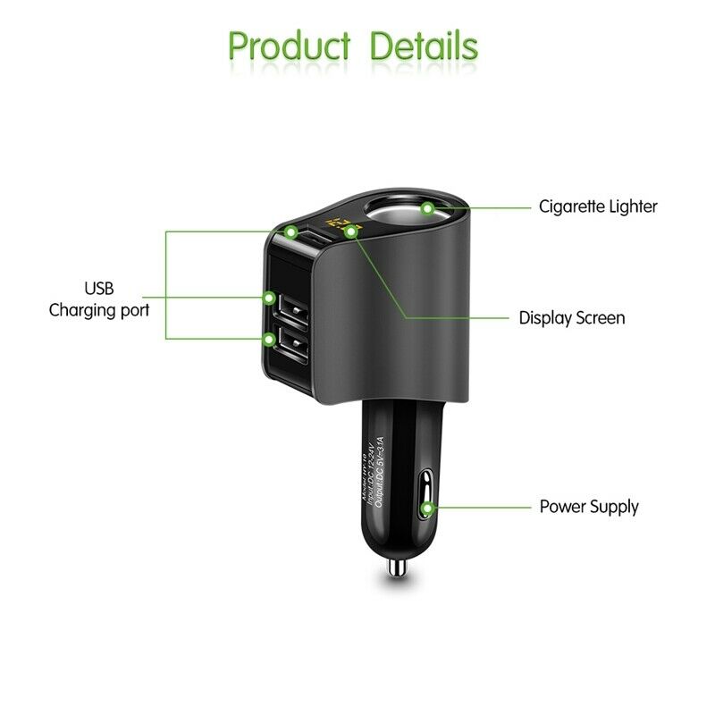 Hy10 3.1A 3 Usb Fast Charging Car Phone Charger Adapter With Volmeter Cigar L3Z3