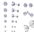 Stainless Steel Round Womens Stud Earrings Cubic Zirconia Inlaid 3mm-8mm 6 Pair