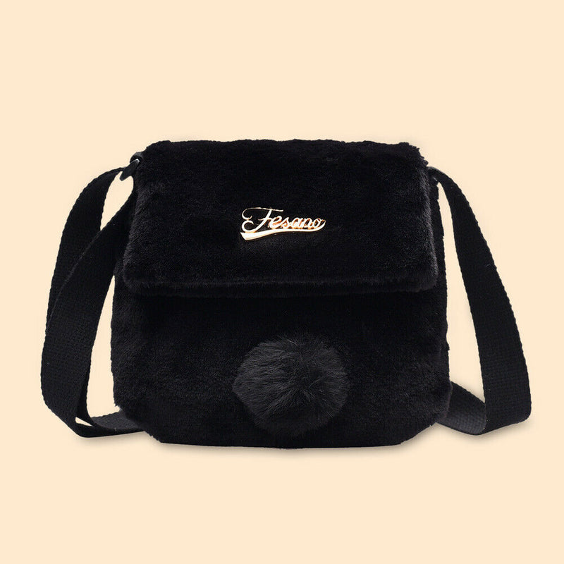 Plush Rabbit Tail Messenger Bag Women Solid Street Shoulder Satchel (Black)