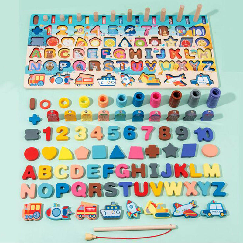 Wooden Puzzles for Toddlers, 7-in-1 Alphabet Shape Number Sorting Fishing Game