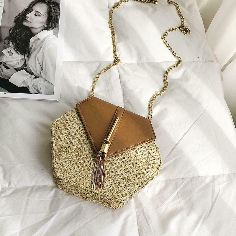 Hex-shape Straw+PU Shoulder Handbags Beach Women Top-handle Bags (Brown) A