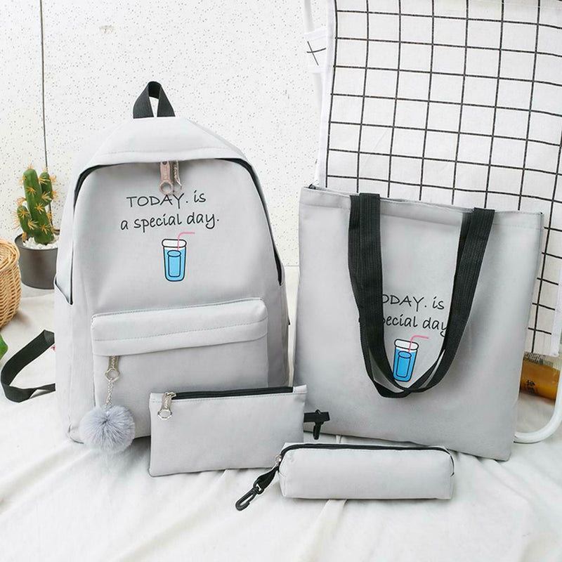 4pcs/Set Women Canvas Backpack Teenage Girls Shoulder School Bag (Gray)