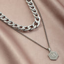 Double Layer Clavicle Chain Necklace Men Simple Retro Letter Alloy Pendant A