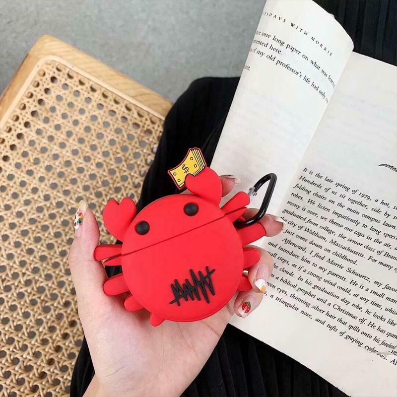Red Crab Pattern Case Silicone Protective Cover with Carabiner for Airpods 1/2