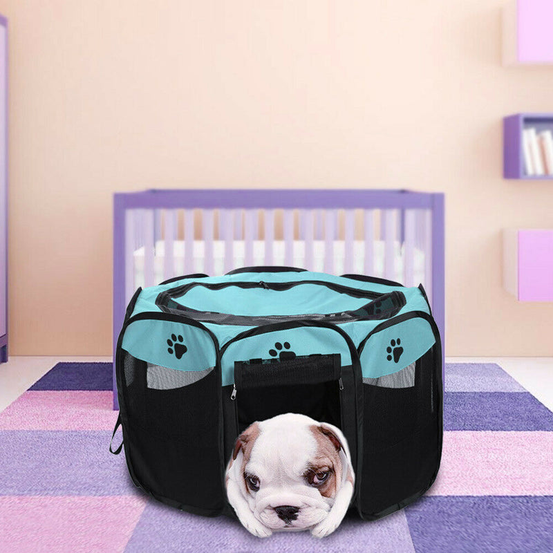 Claw Print Foldable Pet Cat Dog Tent House Guard Playpen Fence (Sky Blue) A