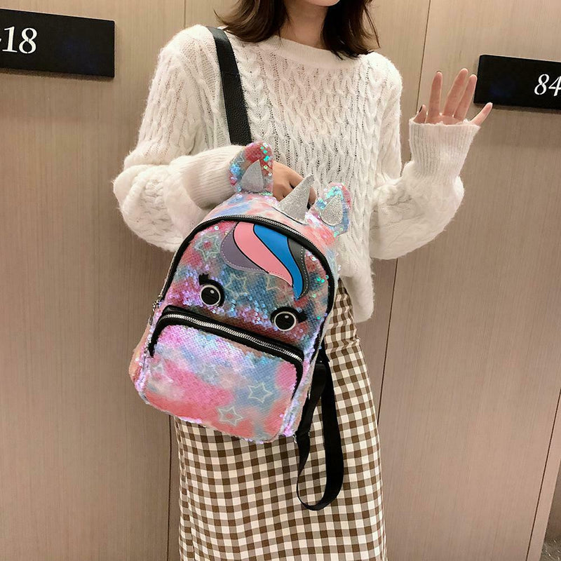 Sequin Backpack Lovely Horn Shoulder School Bag Women Travel Knapsack (2) A