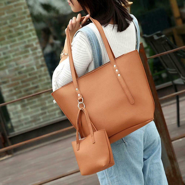 3pcs/set Solid Color Rivet Women Shoulder Totes Top-handle Bags (Brown)